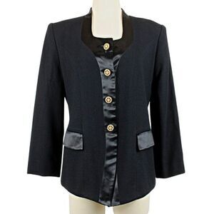 Evening Jacket Vintage Satin Trim Flap Pockets Rhinestone Buttons Black Size 8